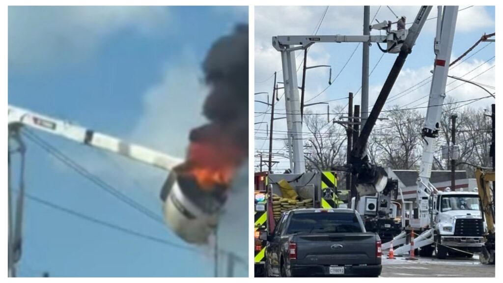 VIDEO: Man who is a worker in critical condition after hydraulic fuel fire seen pouring on him on bucket truck in Evangeline & North Foster